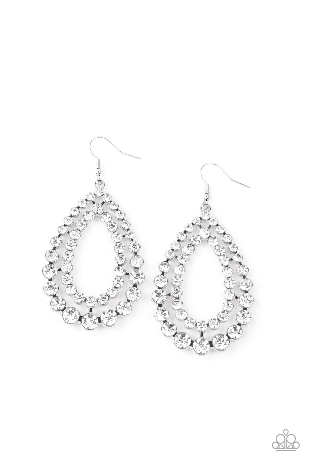 Varying in size, rows of glittery white rhinestones coalesce into two blinding teardrops for a jaw-dropping dazzle. Earring attaches to a standard fishhook fitting. Sold as one pair of earrings.