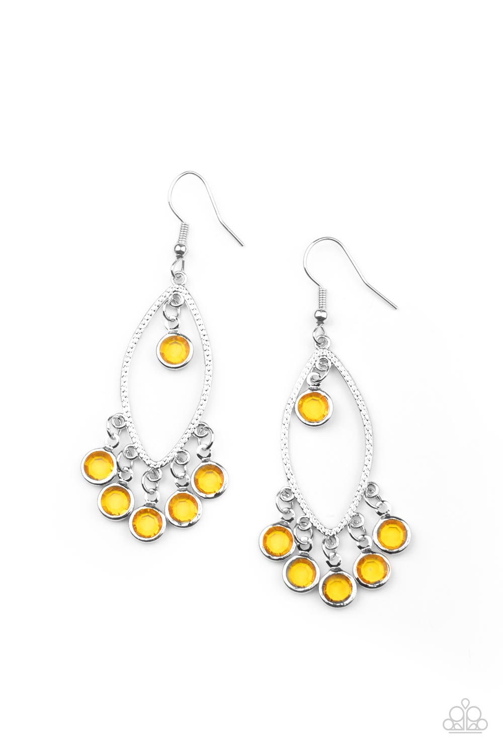 Glassy golden yellow gems dangle from the top and bottom of a textured silver marquise frame, creating a glamorous fringe. Earring attaches to a standard fishhook fitting. Sold as one pair of earrings.