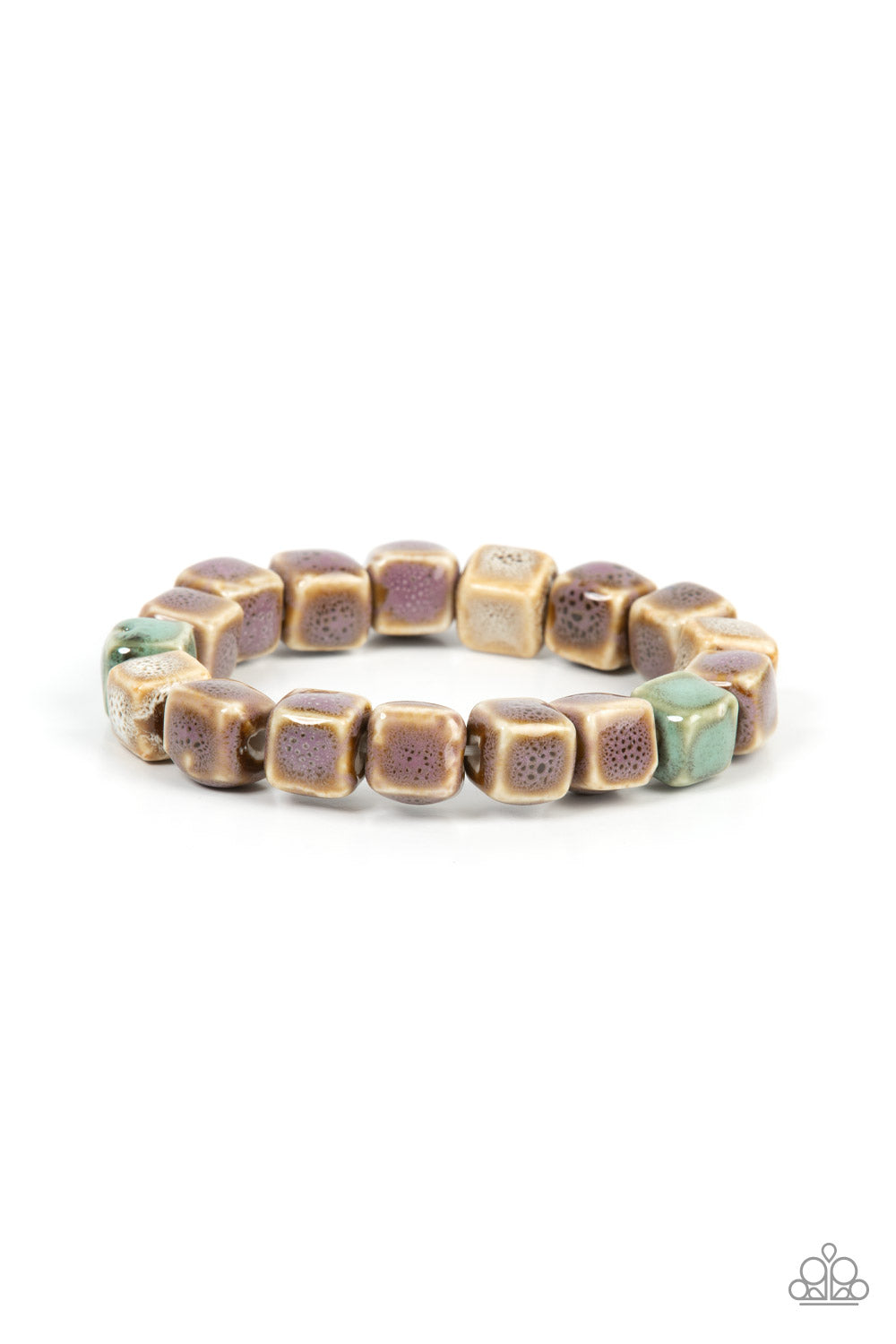 Featuring distressed purple, blue, and brown glazed finishes, a rustic collection of ceramic cube beads are threaded along stretchy bands around the wrist for a colorful flair. Due to the nature of the materials, some color variation is normal. Sold as one individual bracelet.