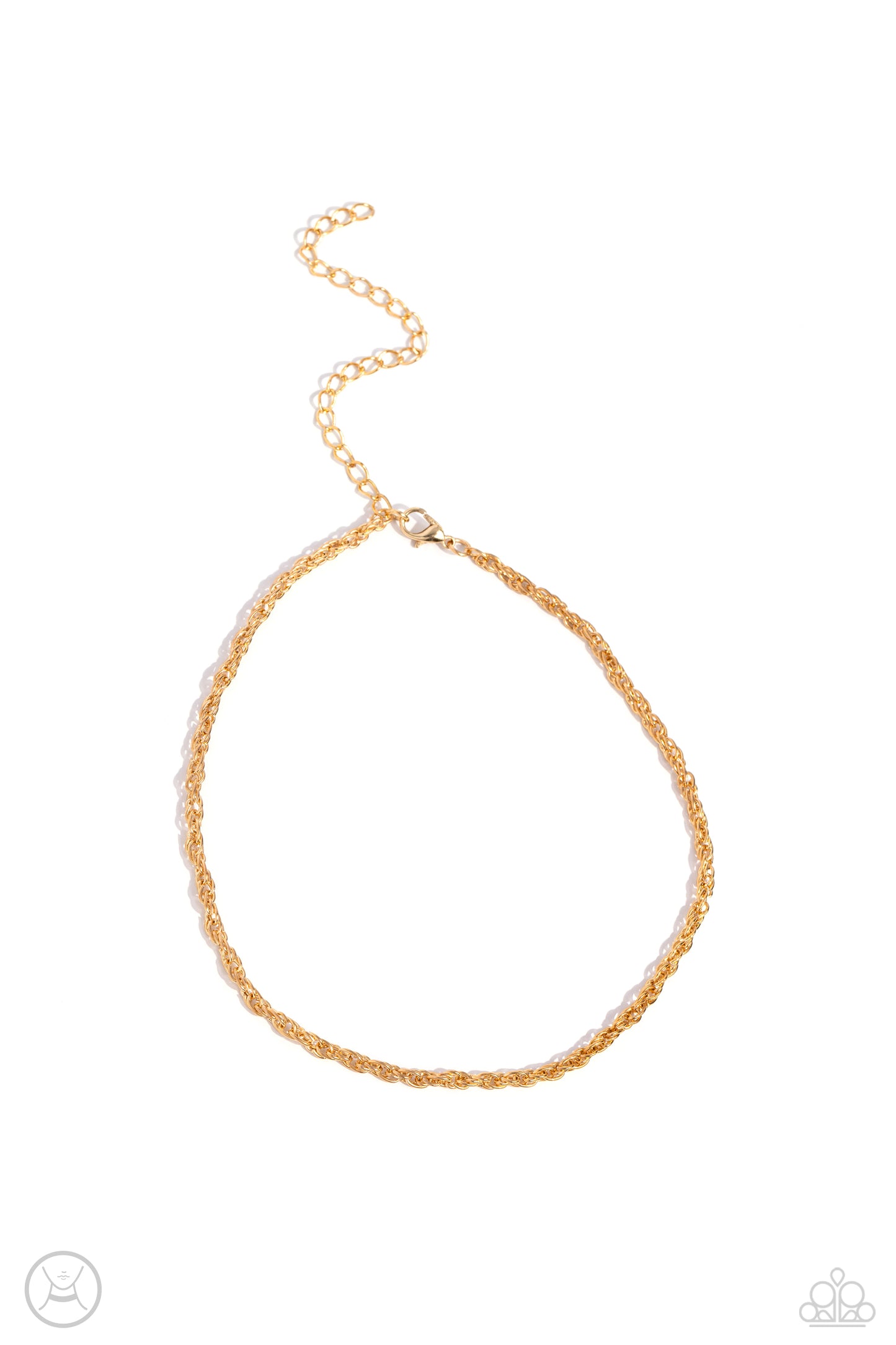 An ornate gold rope chain links around the neck, resulting in an edgy minimalist inspired grit. Features an adjustable clasp closure. Sold as one individual choker necklace. Includes one pair of matching earrings.