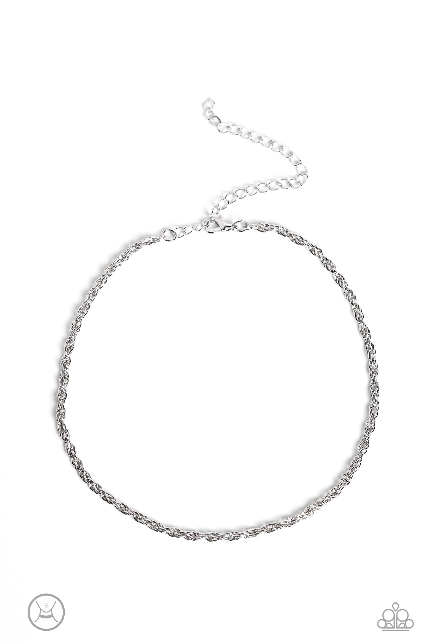 An ornate silver rope chain links around the neck, resulting in an edgy minimalist inspired grit. Features an adjustable clasp closure. Sold as one individual choker necklace. Includes one pair of matching earrings.