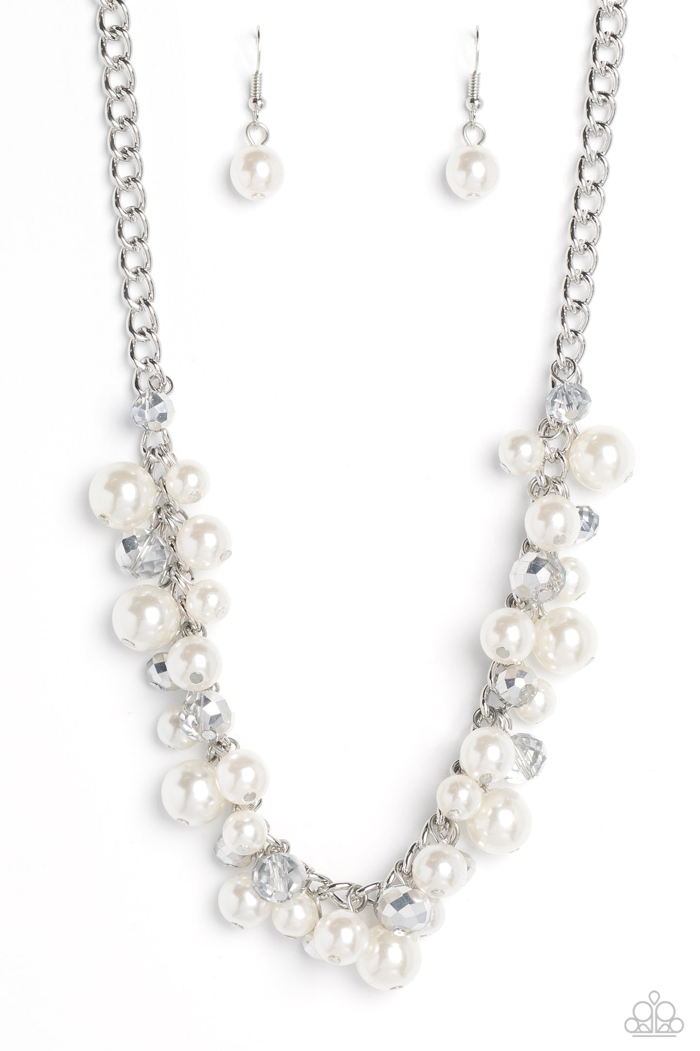 A faceted collection of glassy, silver crystal-like beads and classic white pearls in varying sizes flickers and flashes below the collar on a thick silver curb chain for a refined shimmer. Features an adjustable clasp closure. Sold as one individual necklace. Includes one pair of matching earrings.