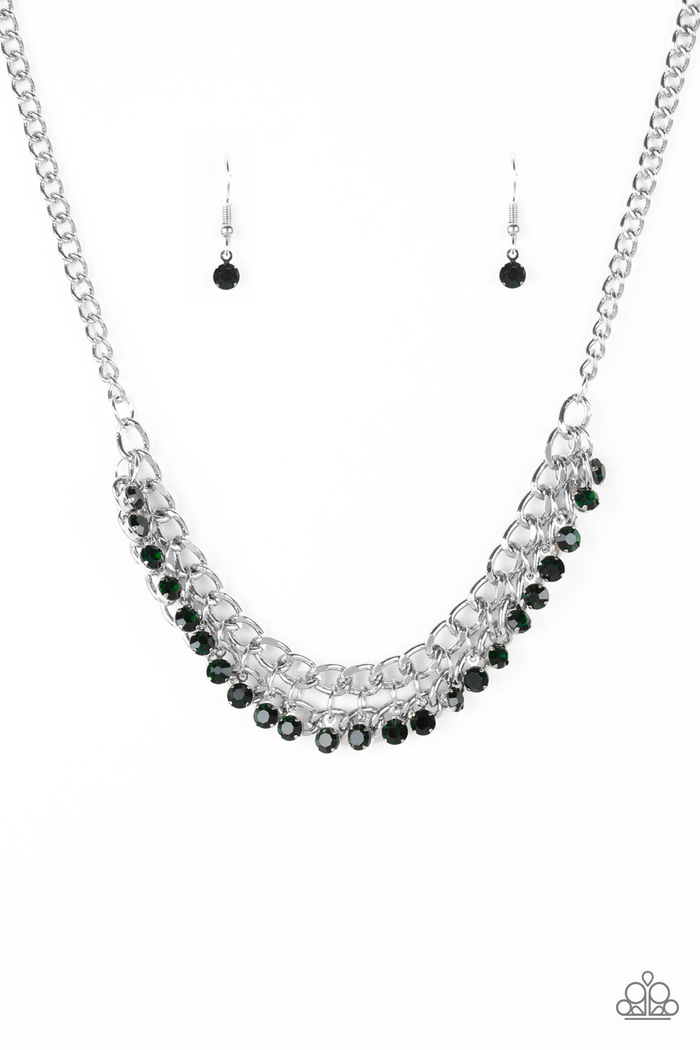 A fringe of glittery green rhinestones swings from the bottom of a bold silver chain below the collar for a fierce look. Features an adjustable clasp closure. Sold as one individual necklace. Includes one pair of matching earrings.
