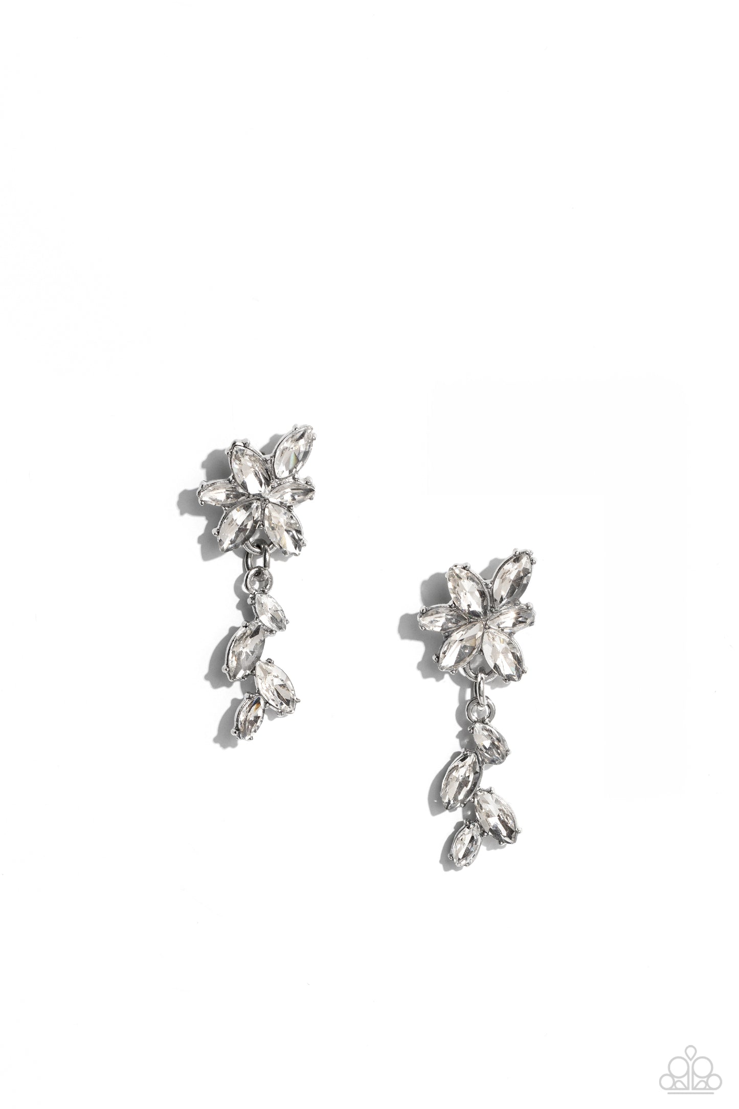 Encased in glistening silver fittings, a glittery collection of marquise cut rhinestones blooms into a brilliant flower. A cascading frame of matching marquise cut rhinestones trickles from the bottom of the sparkling floral frame, adding enchanting movement to the standalone post. Earring attaches to a standard post fitting. Sold as one pair of post earrings.