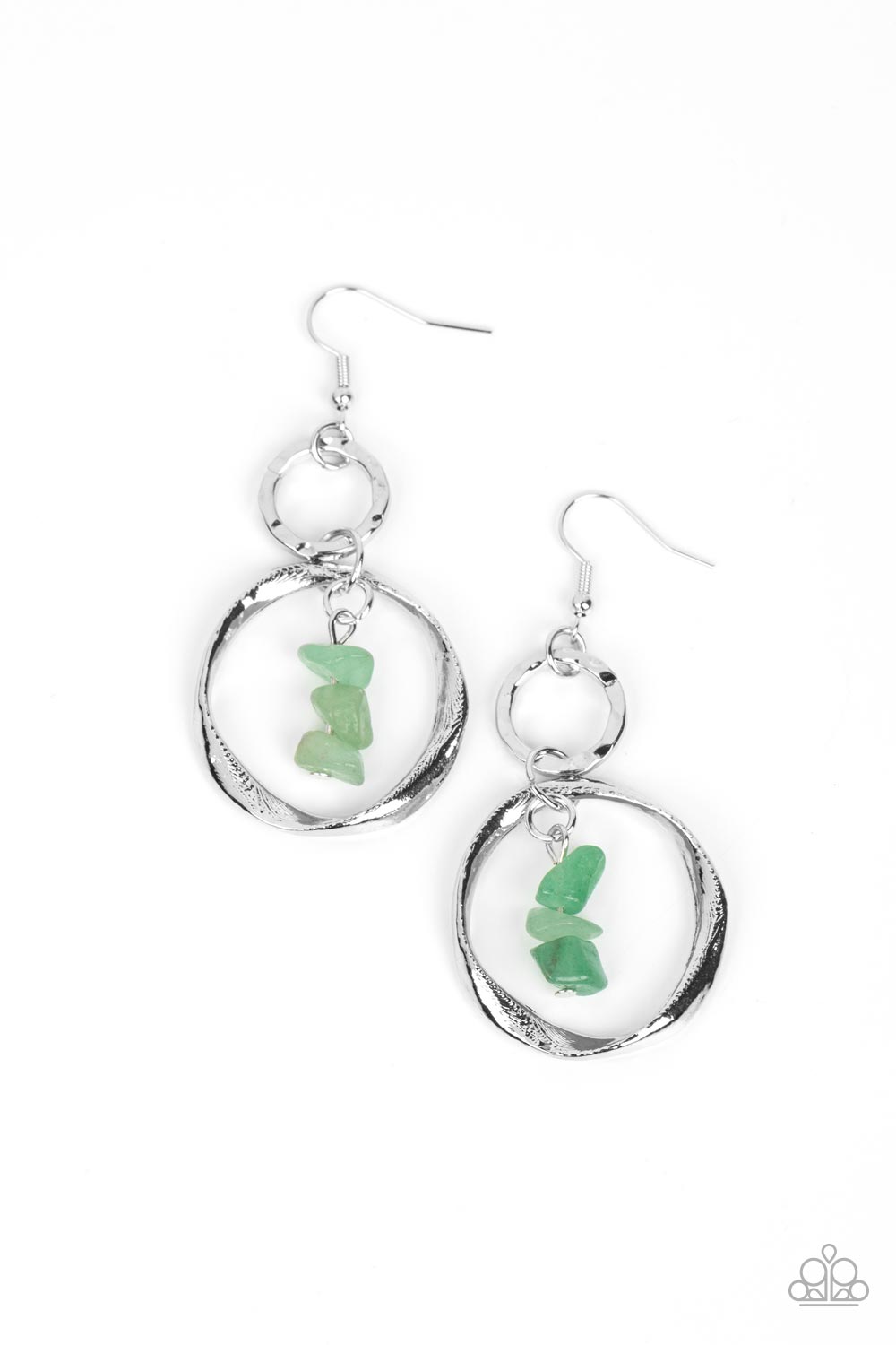 A warped silver hoop links with a hammered silver hoop, interlocking into a rustic lure. Threaded along a metal rod, jade pebbles trickle from the top of the lowermost hoop for a tranquil finish. Earring attaches to a standard fishhook fitting. Sold as one pair of earrings.