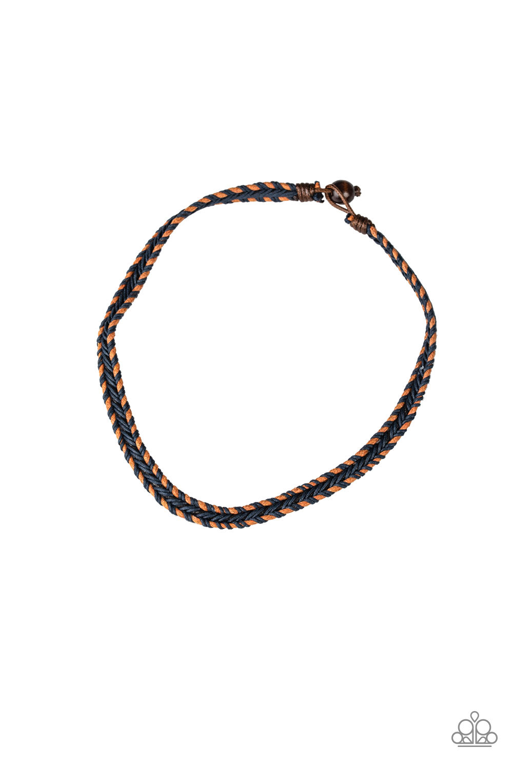 Shiny blue cording knots around brown cording, creating a colorful braid below the collar. Features a button loop closure. Sold as one individual necklace.