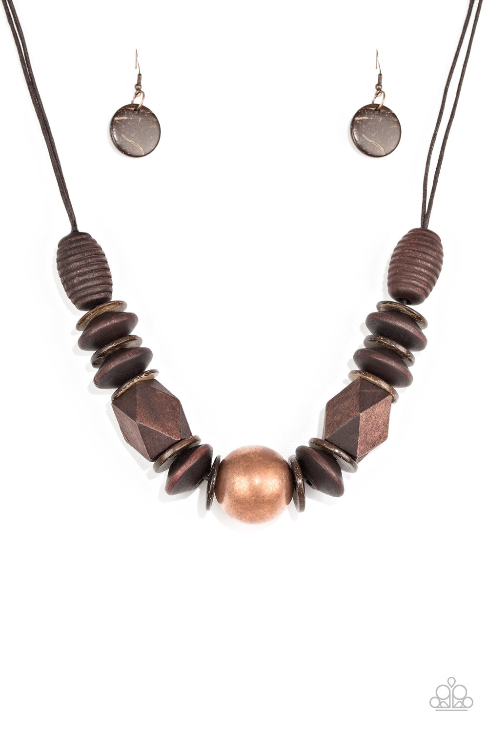 Featuring abstract geometric finishes, mismatched brown wooden beads are threaded along shiny brown cording. A dramatic copper bead adorns the center, creating a bold seasonal look below the collar. Features a button loop closure. Sold as one individual necklace. Includes one pair of matching earrings.