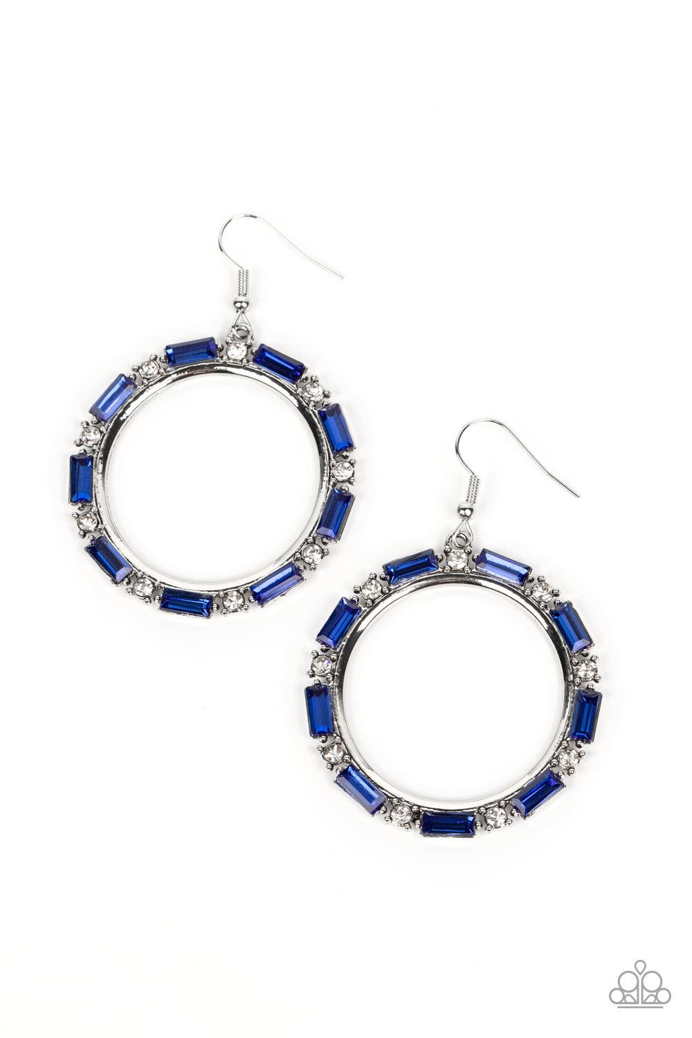 A glittery collection of round white and emerald cut blue rhinestones smolders along the outside rim of a shiny silver hoop, resulting in an edgy centerpiece. Earring attaches to a standard fishhook fitting. Sold as one pair of earrings.