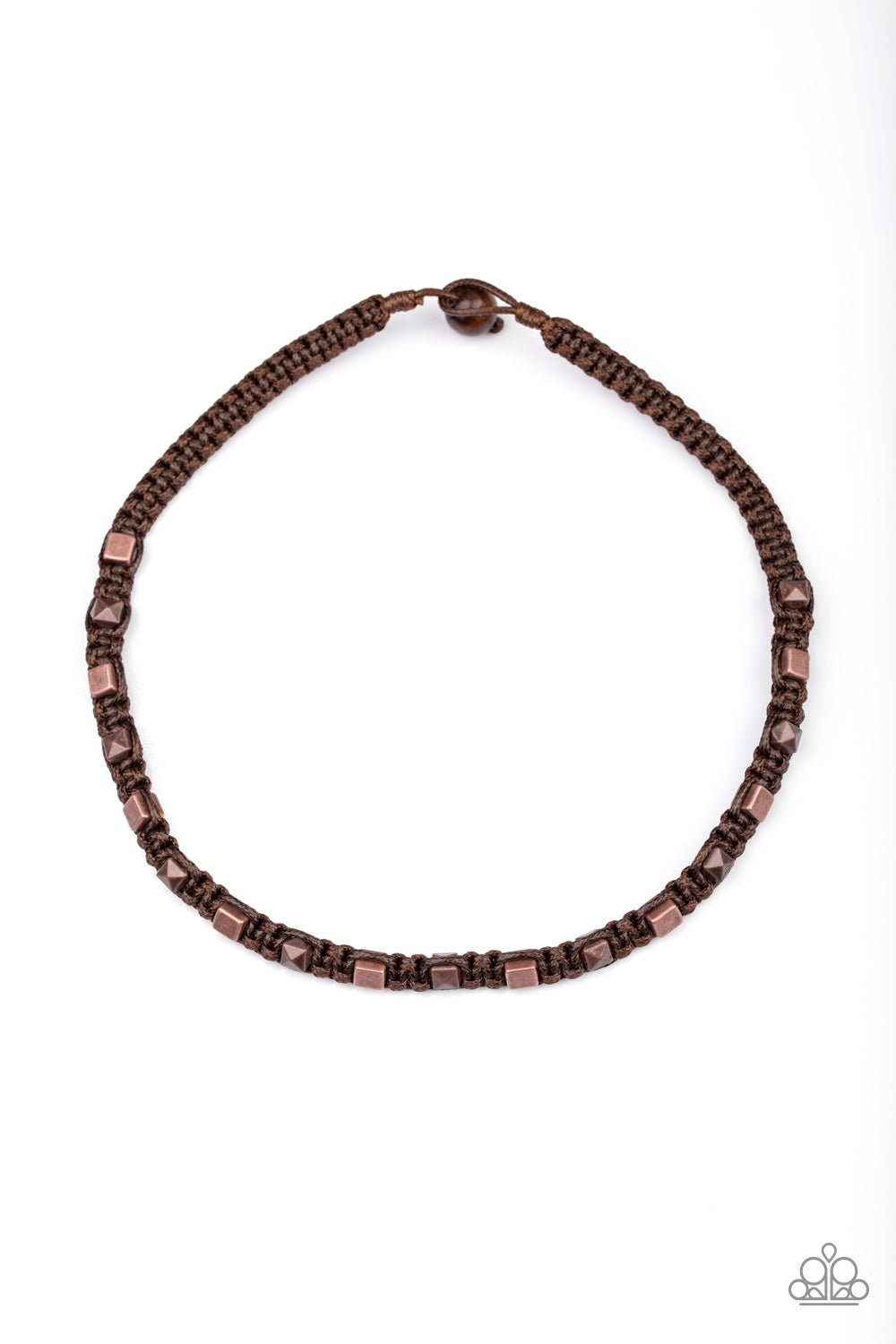 A collection of square and faceted copper beads are knotted in place along a braided brown cord for an urban look below the collar. Features a button loop closure. Sold as one individual necklace.