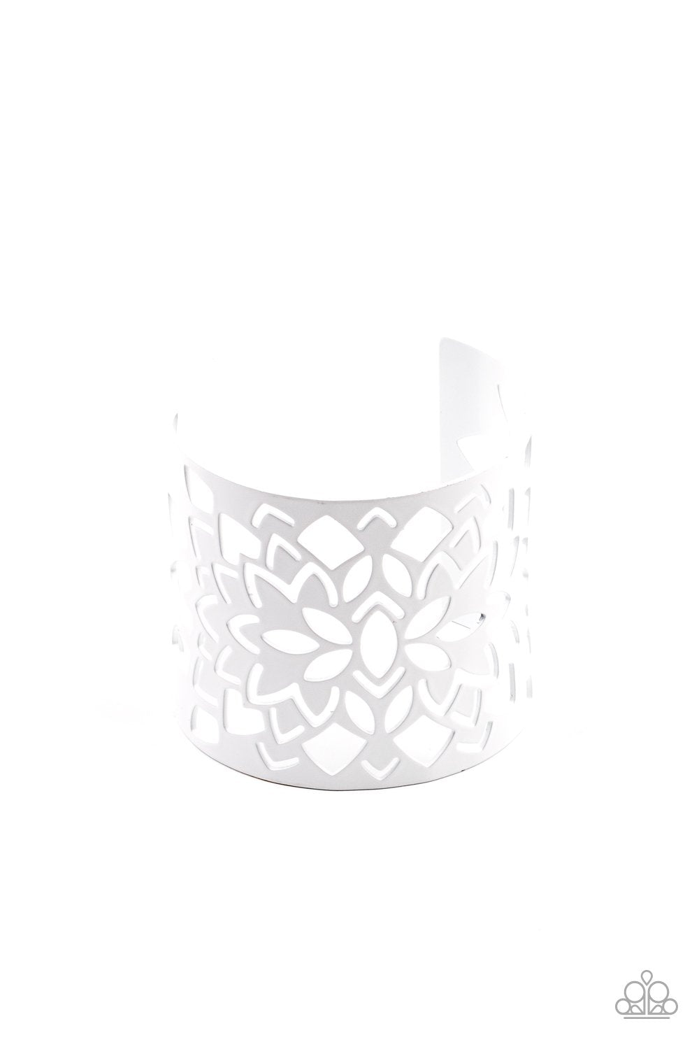 Featuring an airy floral stenciled design, a shiny white cuff wraps around the wrist for a vivacious finish. Sold as one individual bracelet.