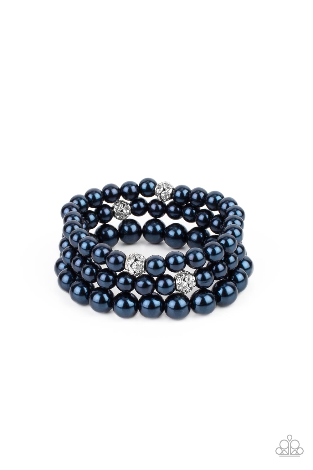 Infused with white rhinestone encrusted silver beads, a bubbly collection of mismatched blue pearls are threaded along stretchy bands around the wrist for a vintage inspired layered look. Sold as one set of three bracelets.