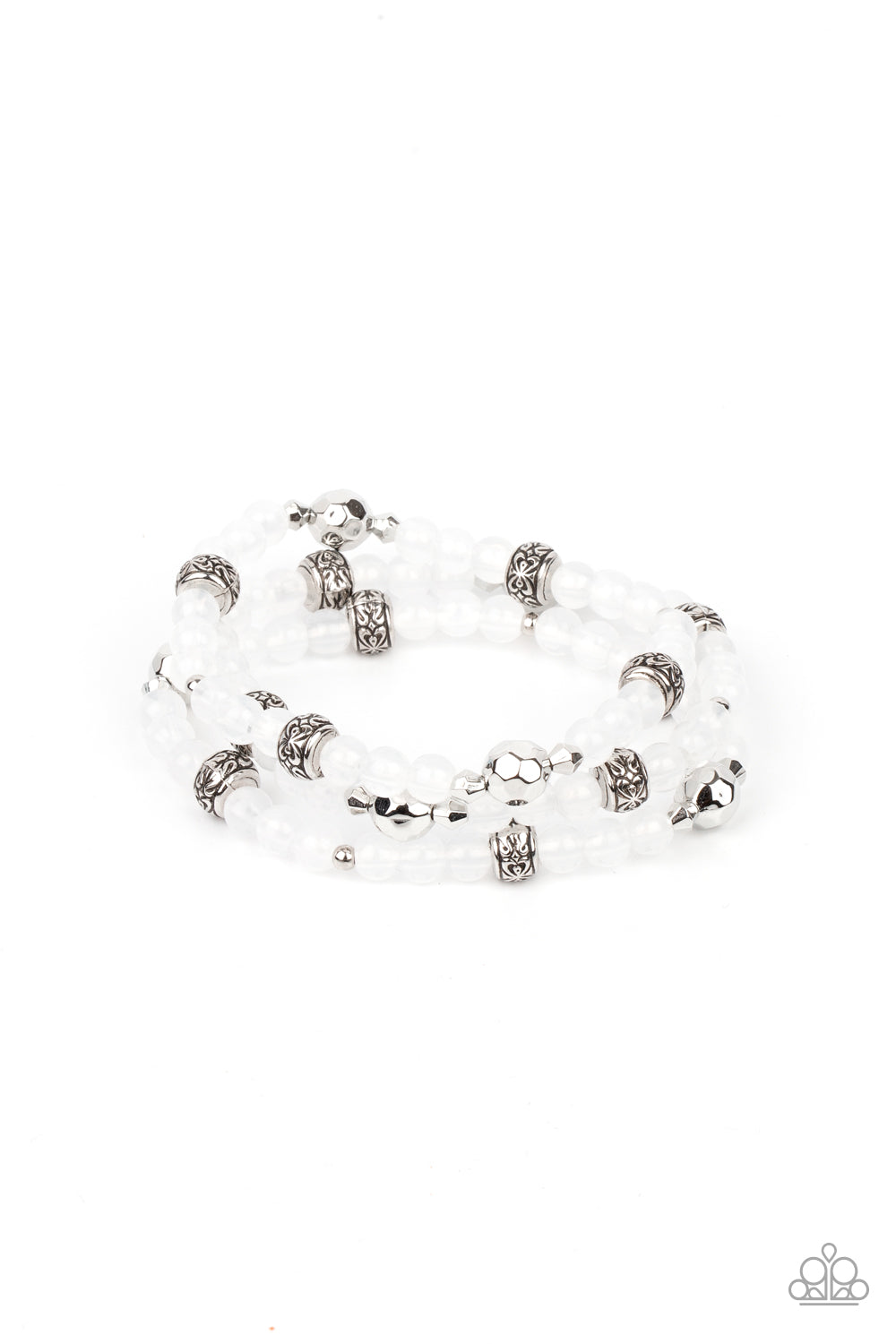 A dainty collection of faceted silver beads, floral embossed accents, and glassy white beads are threaded along stretchy bands around the wrist for a colorfully seasonal look.
Sold as one set of three bracelets.