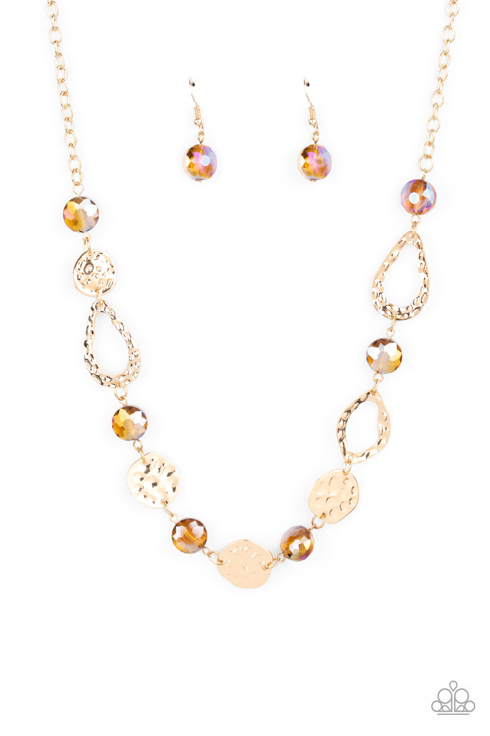 Hammered gold frames and imperfect gold ovals link with iridescent topaz gems below the collar, creating a colorful display. Features an adjustable clasp closure. Sold as one individual necklace. Includes one pair of matching earrings.