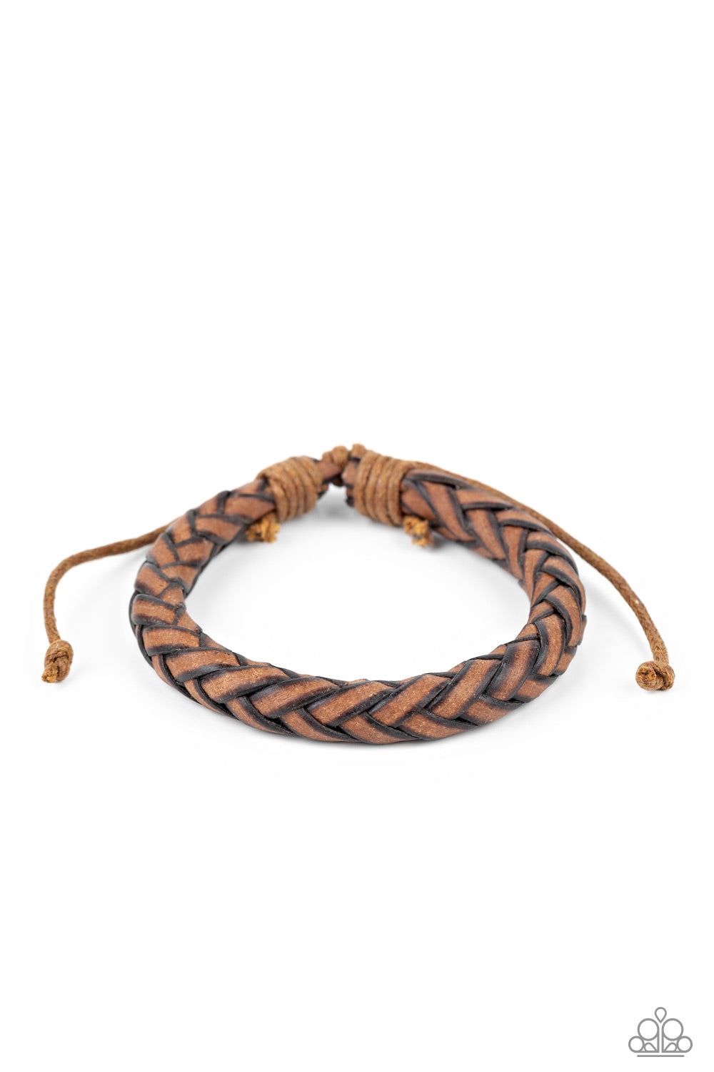 Featuring rustic edges, braided brown leather laces delicately spin into a boldly woven band around the wrist. Features an adjustable sliding knot closure. Sold as one individual bracelet.