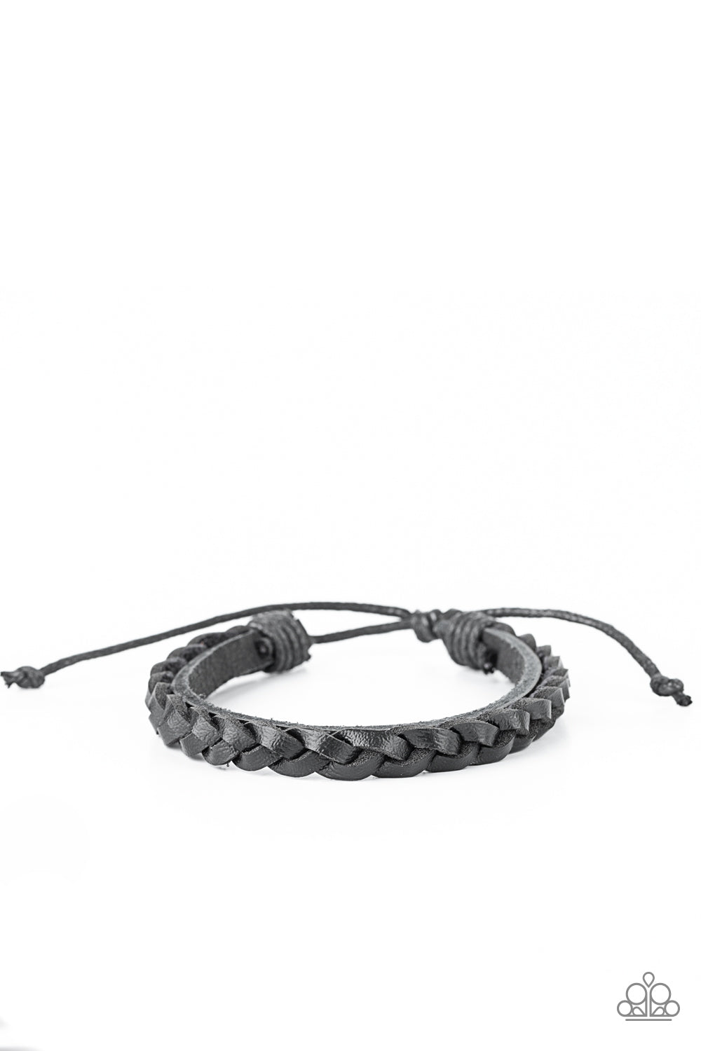 Strands of black leather cording braid across the front of a dainty black leather band, creating a rustic display around the wrist. Features an adjustable sliding knot closure. Sold as one individual bracelet.