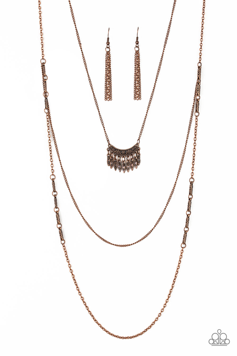 Embossed in a whimsical floral pattern, a fringed frame swings from the uppermost chain above a copper chain featuring dainty copper beading. Infused with a plain chain, the glistening copper chains layer down the chest for a seasonal look. Features an adjustable clasp closure.
Sold as one individual necklace. Includes one pair of matching earrings.