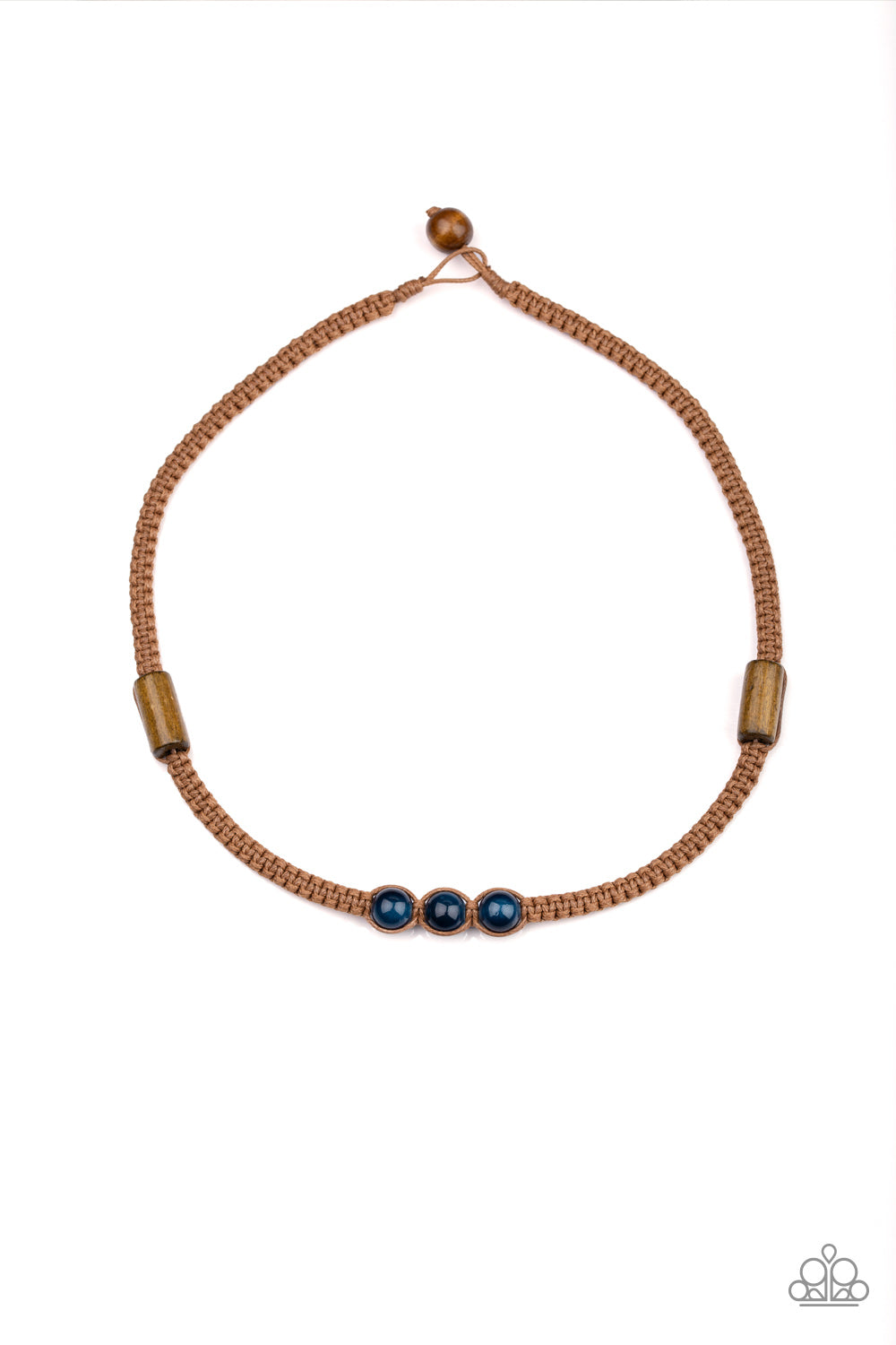 An assortment of wooden accents and glassy blue beads are knotted in place along a braided cord, creating a seasonal look below the collar. Features a button loop closure. Sold as one individual necklace.