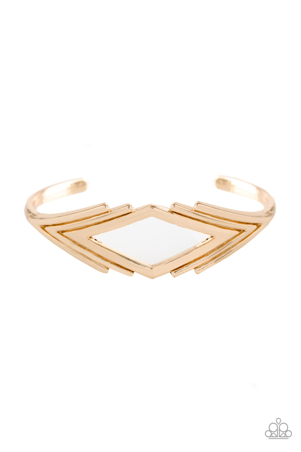 Brushed in a high-sheen finish, glistening V-shaped frames join into a dainty cuff. The airy center allows the skin to peek beneath the geometric frame for a natural finish. Sold as one individual bracelet.