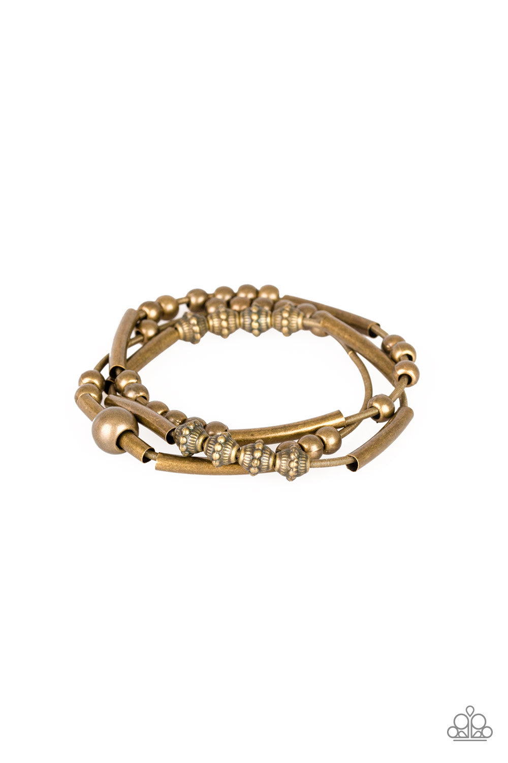 A collection of mismatched brass beads are threaded along three stretchy spring-like wires for a sleek industrial look.
Sold as one set of three bracelets.