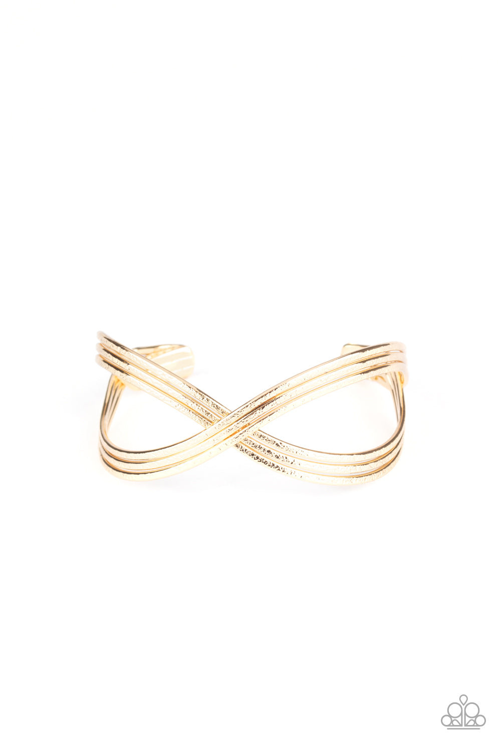 Delicately hammered in endless shimmer, shiny gold bars delicately crisscross over and around the wrist, coalescing into an infinity inspired cuff. Sold as one individual bracelet.