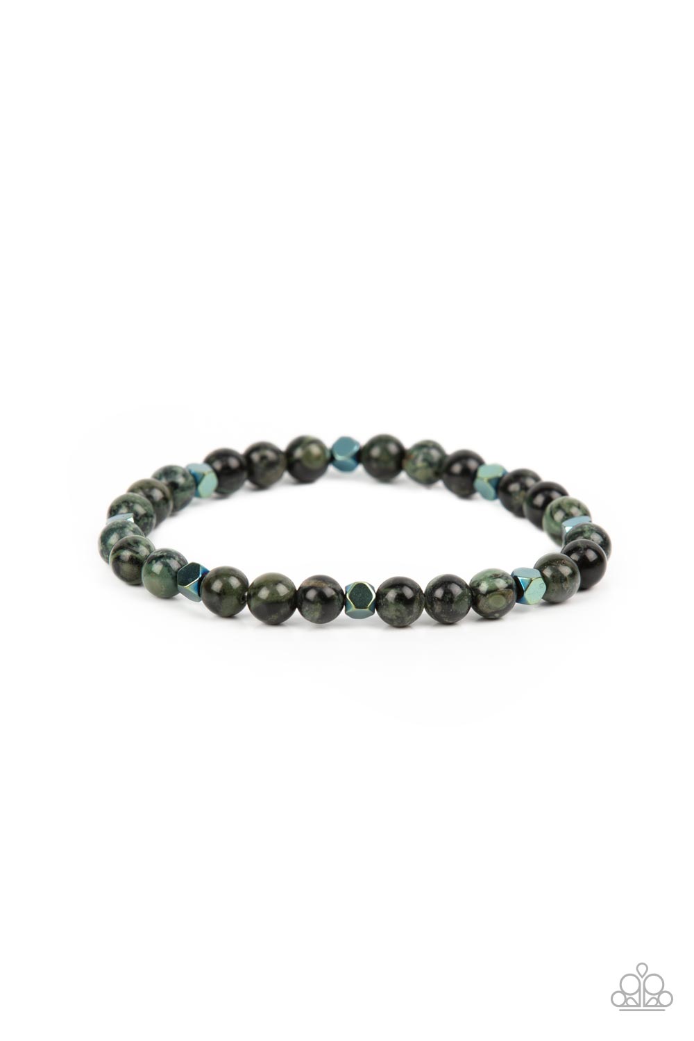 A dainty collection of speckled green stone beads and faceted metallic cube beads are threaded along a stretchy band around the wrist for an earthy flair. Sold as one individual bracelet.