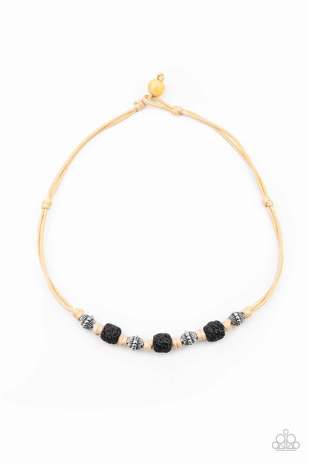 Decorative silver beads and pieces of black pumice-like rock are knotted in place below the collar for a seasonal look. Features a button loop closure. Sold as one individual necklace.