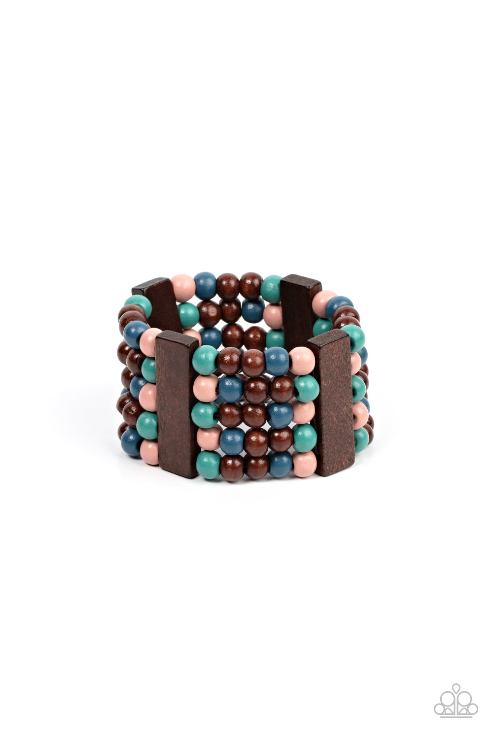 Colorful layers of blue, pink, brown, and turquoise wooden beads are threaded along stretchy bands between brown wooden bars creating stacks of subtle bliss around the wrist. Sold as one individual bracelet.