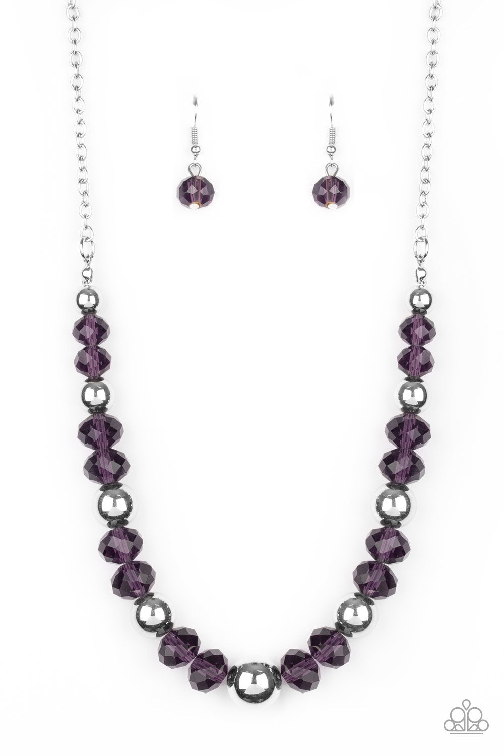 A glittery collection of purple crystal-like beads and shiny silver beads are threaded along an invisible wire below the collar for a refined flair. Features an adjustable clasp closure. Sold as one individual necklace. Includes one pair of matching earrings.