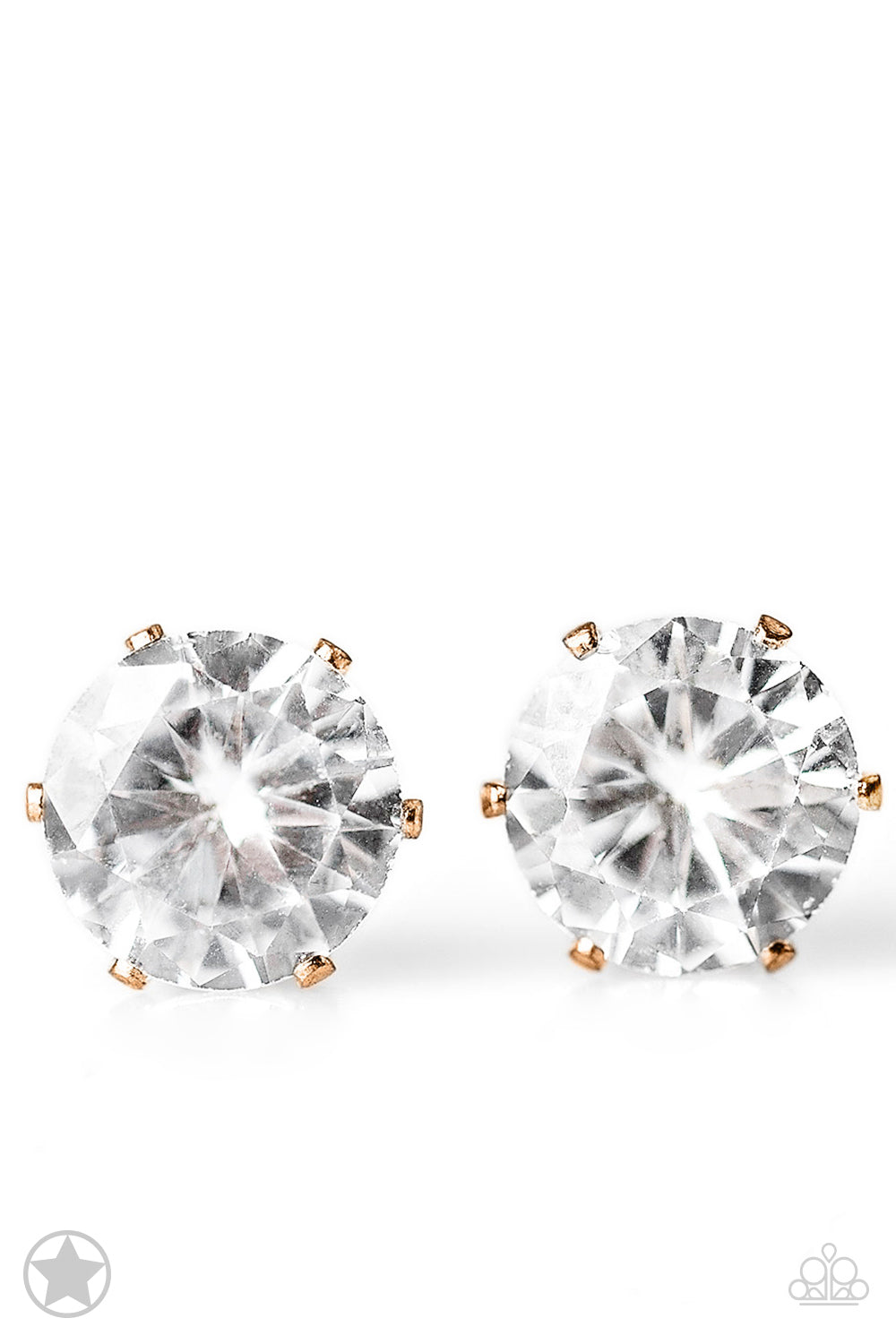 A sparkling white rhinestone is nestled inside a classic gold frame for a timeless look. Earring attaches to a standard post fitting. Sold as one pair of post earrings.
