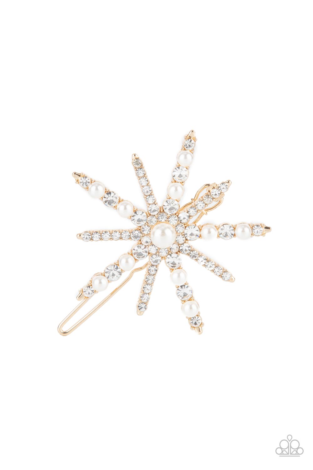 Featuring a dainty pearl drop center, a bubbly collection of dainty pearls and glassy white rhinestones encrust the front of a gold star shaped frame for a stellar finish. Features a clamp barrette closure. Sold as one individual barrette.