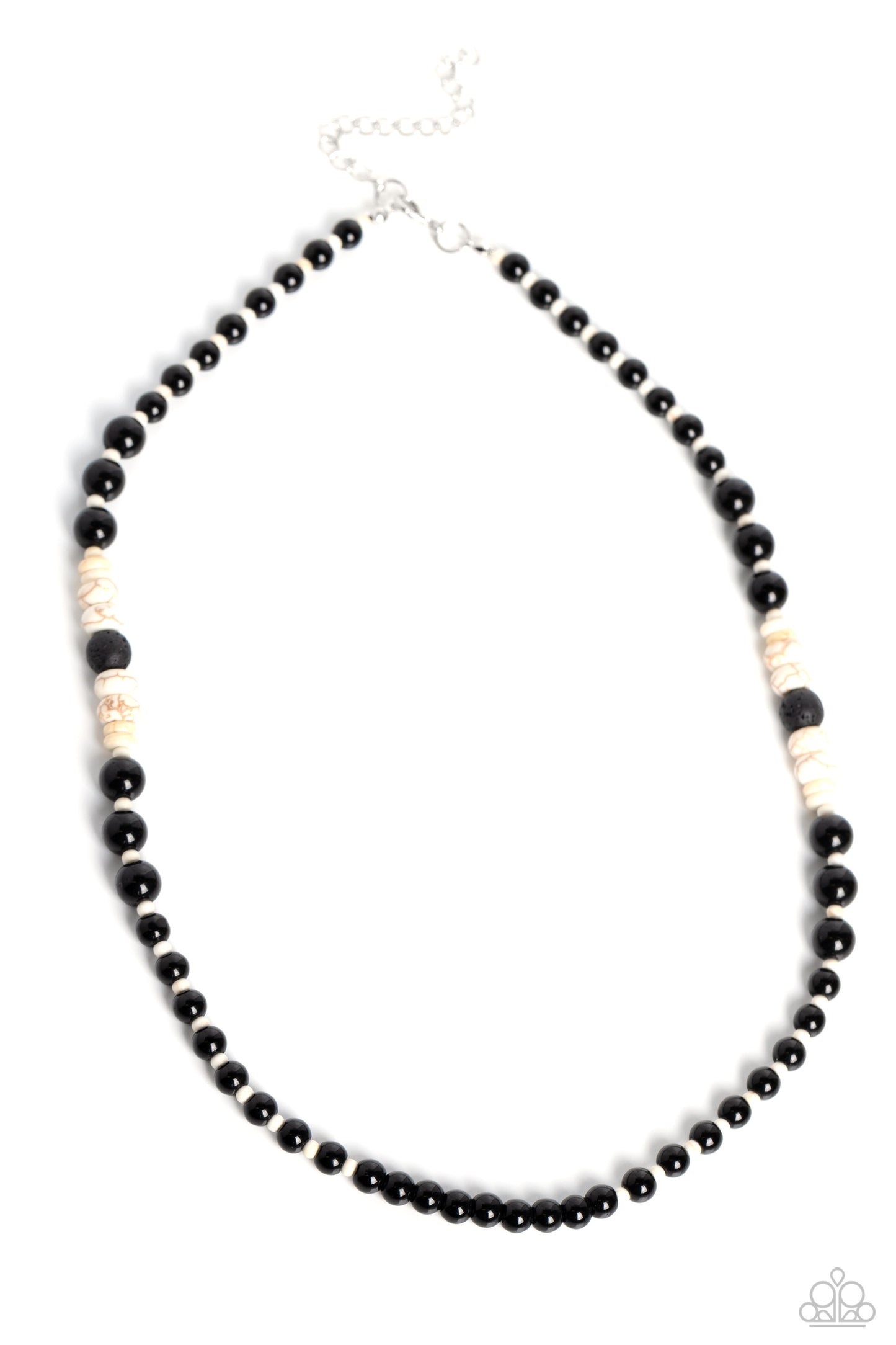 Strung along the entirety of a black cord, white seed beads, black beads, white stone discs, and earthy lava rock beads coalesce down the neckline into an earthy, urban statement. Features an adjustable clasp closure. As the stone elements in this piece are natural, some color variation is normal. Sold as one individual necklace.