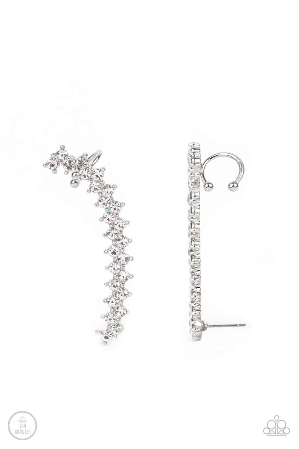 Encased in studded silver fittings, pairs of glassy white rhinestones stack into a zigzagging frame up the ear for an electrifying fashion. Features a dainty cuff attached to the top for a secure fit. Sold as one pair of ear crawlers.