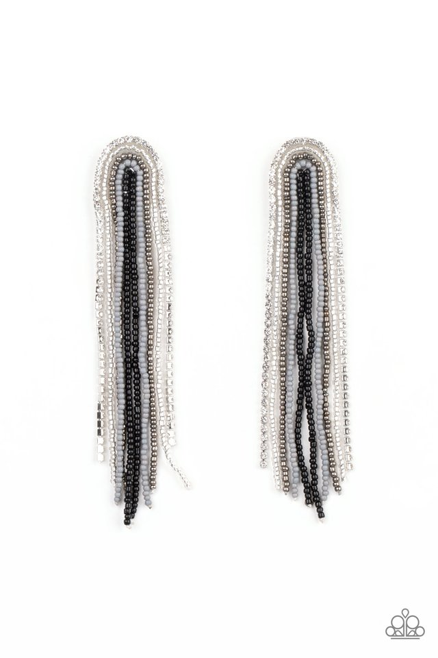 Mismatched strands of black, silver, gray, clear, and gunmetal seed beads and a glittery strand of white rhinestones delicately curls into a beaded rainbow-like tassel. Earring attaches to a standard post fitting. Sold as one pair of post earrings.