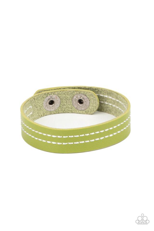 The front of a dainty green leather band is stitched in two linear rows, creating a colorfully rustic centerpiece around the wrist. Features an adjustable snap closure. Sold as one individual bracelet.