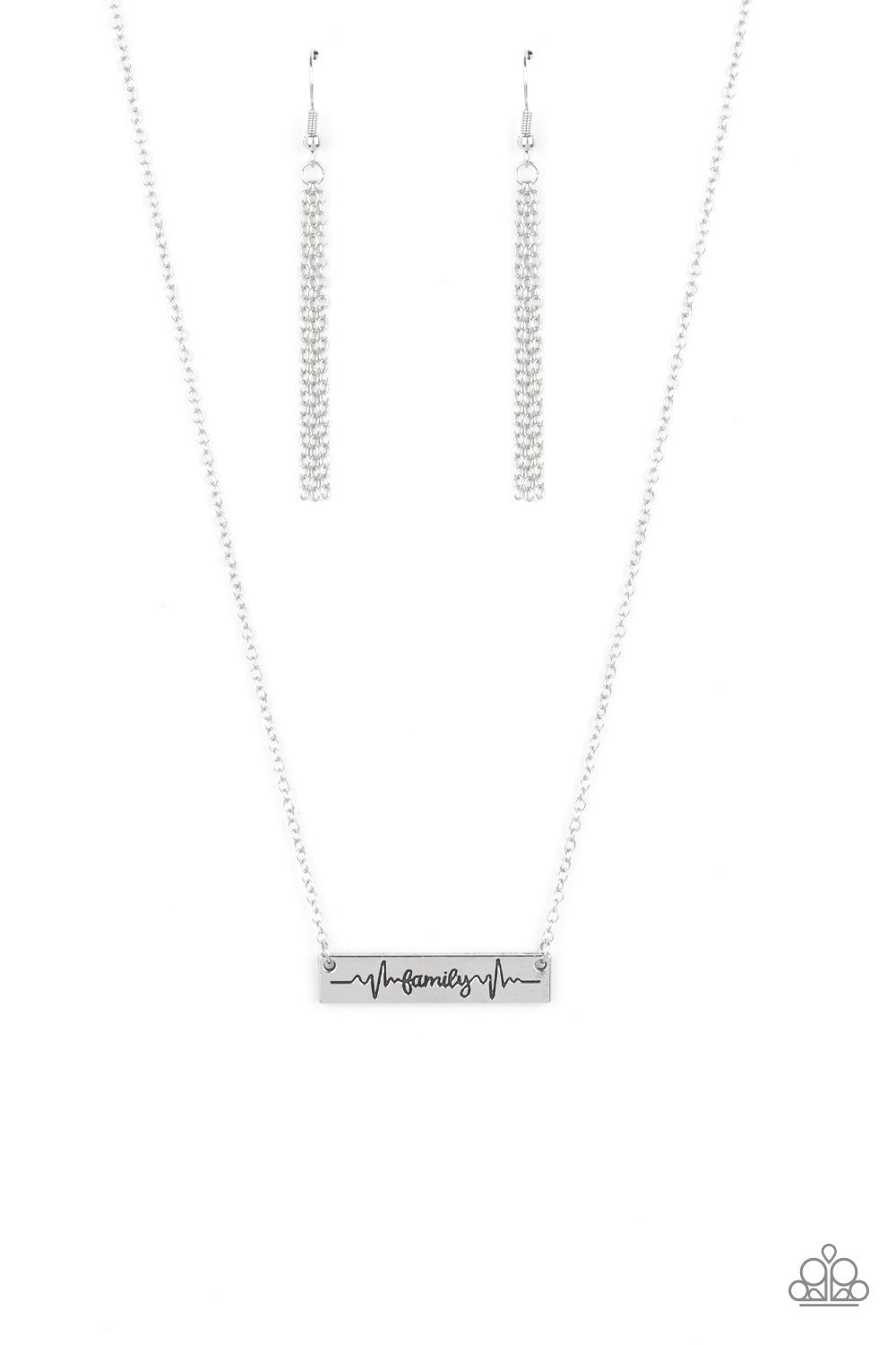 The word "Family," is inscribed between symbolic life lines on a rectangular silver plate creating an affectionate keepsake on a dainty silver chain below the collar. Features an adjustable clasp closure. Sold as one individual necklace. Includes one pair of silver fringe earrings.