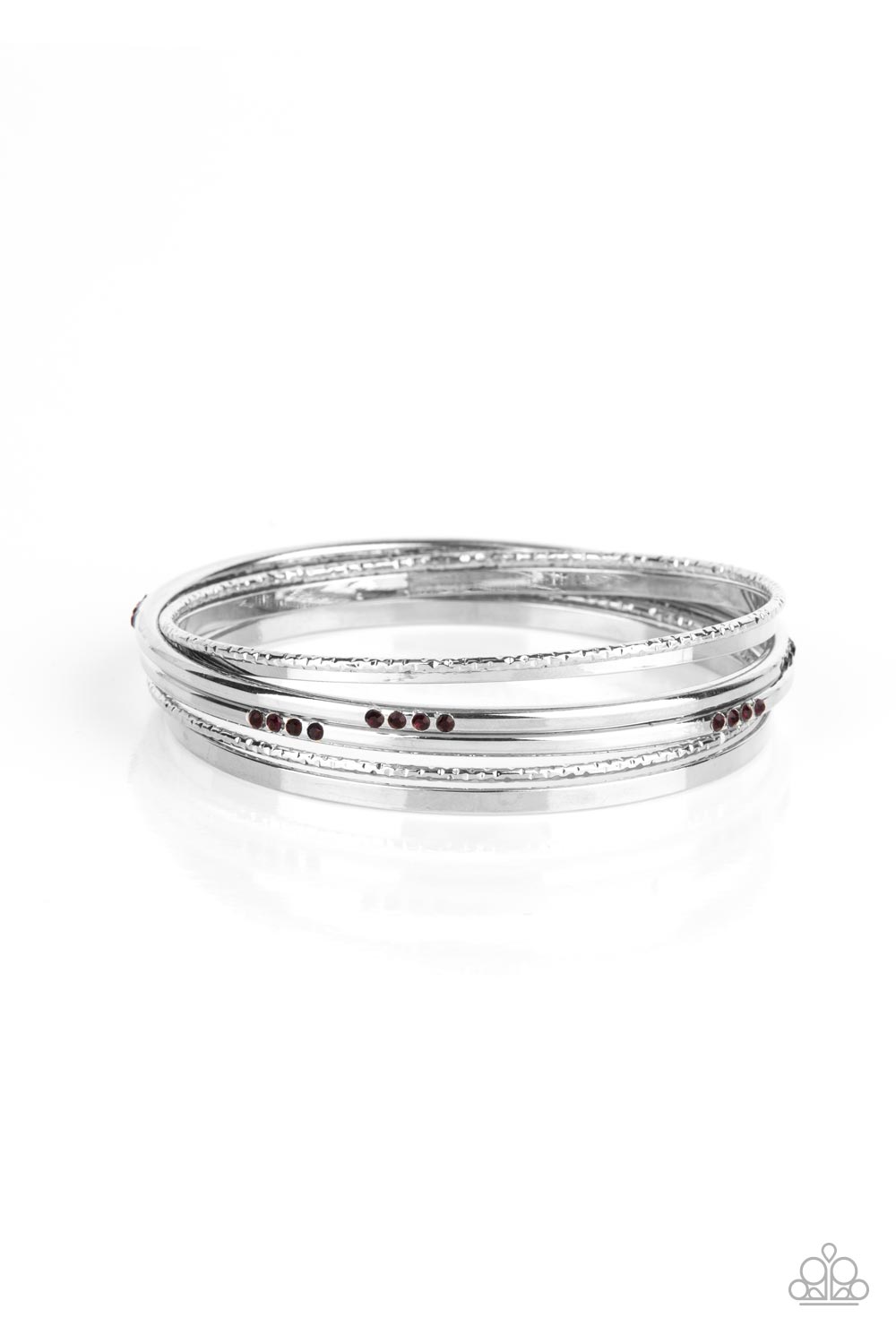 Encrusted in sections of glittery purple rhinestones, a mismatched collection of sparkly, smooth, and textured silver bangles stylishly stack up the wrist for a standout look. Sold as one set of six bracelets.