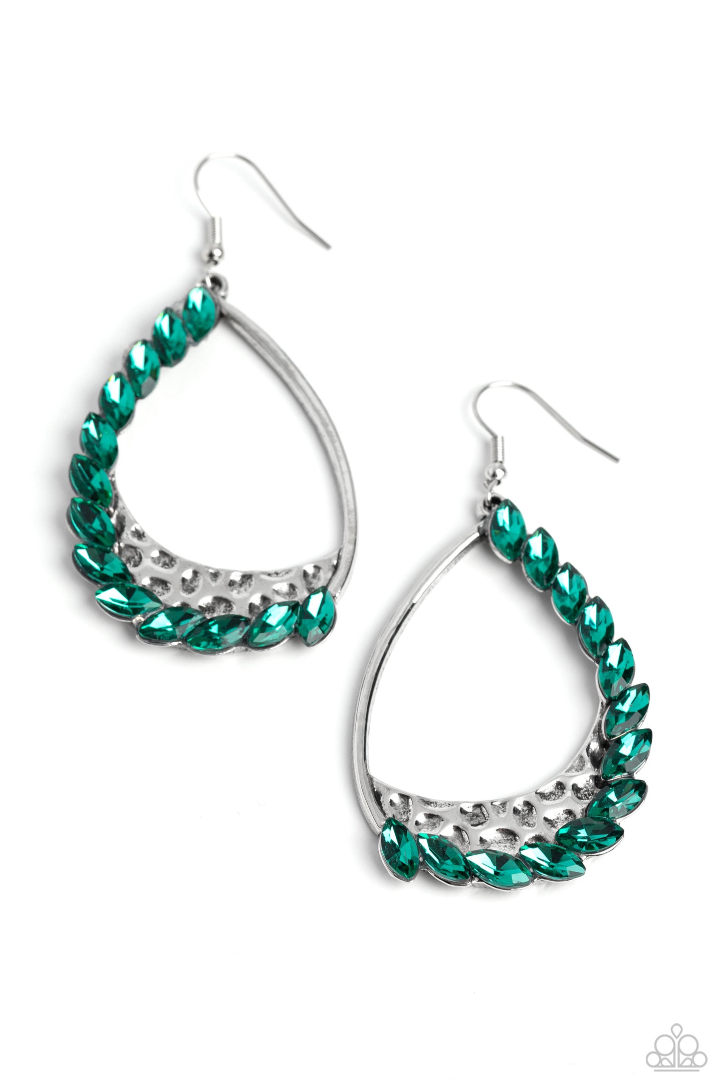 A sharp collection of reflective green marquise-cut gems embellish and curve up one side of a gritty teardrop frame, creating an edgy embellishment. Creating additional grit to the design, a thick inlay of hammered silver with subtle texture curves just below the gems. Earring attaches to a standard fishhook fitting. Sold as one pair of earrings.