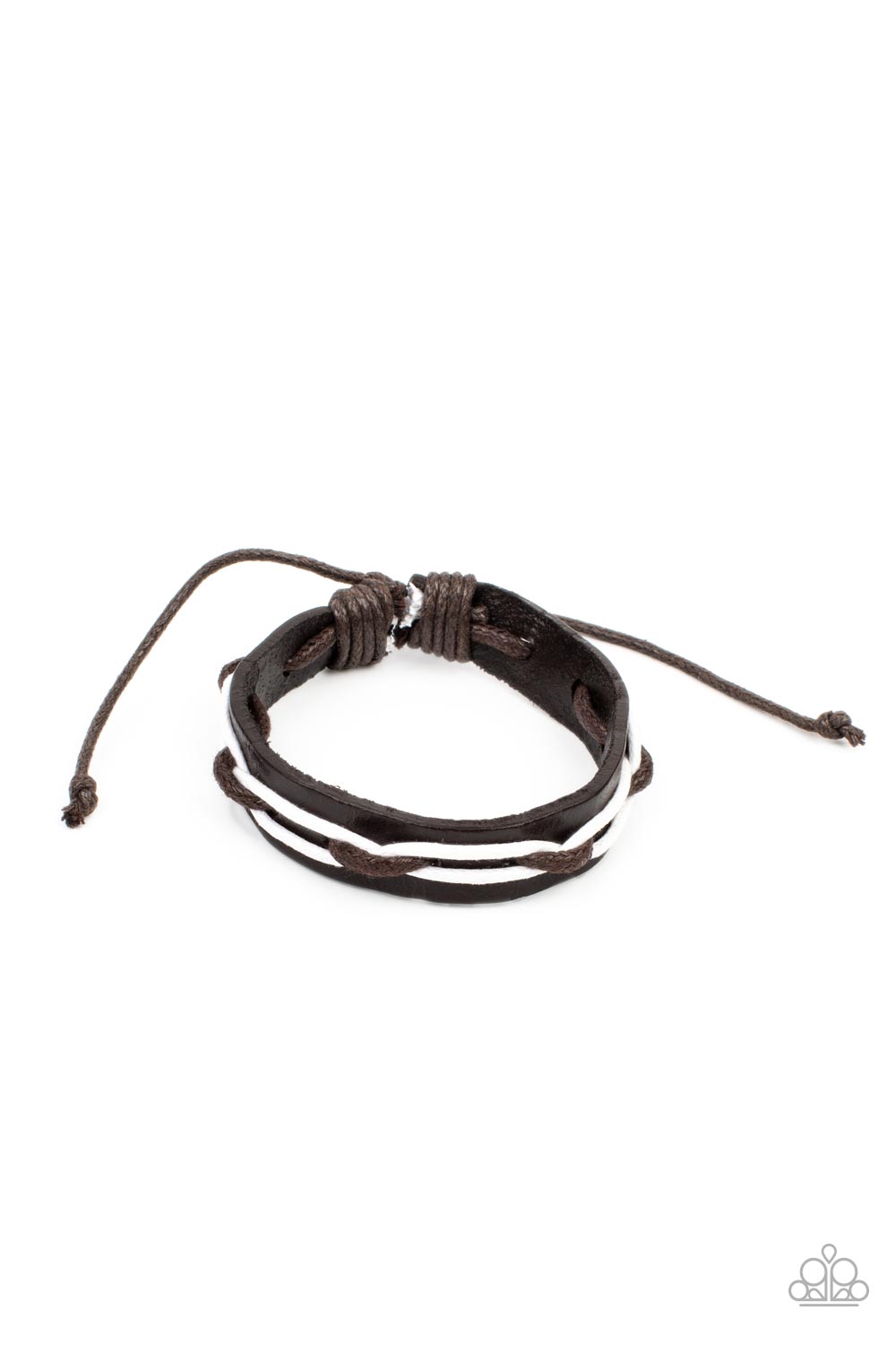 Brown and white cording is interwoven across the top of a dark brown leather band creating an edgy crisscrossed motion as it travels around the wrist. Features an adjustable sliding knot closure. Sold as one individual bracelet.