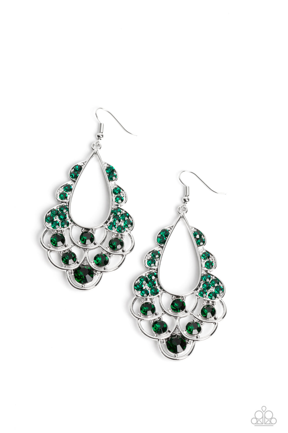 Airy loops of high-sheen silver, dotted with glittery emerald faceted gems, ripple out from an airy teardrop shape. Some curls feature solitaire oversized gems, while others feature a dainty collection resulting in a timeless, incandescent teardrop chandelier below the ear. Earring attaches to a standard fishhook fitting. Sold as one pair of earrings.