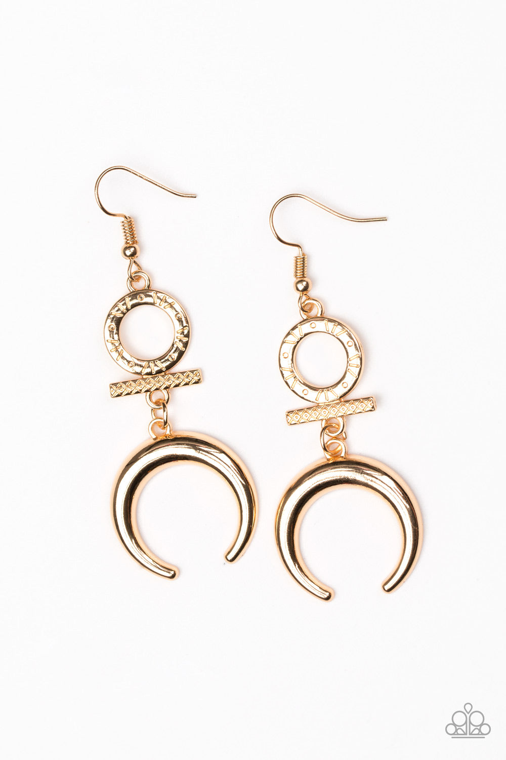 A shimmery brass crescent swings from the bottom of delicately stacked brass frames radiating with geometric patterns for a tribal inspired look. Earring attaches to a standard fishhook fitting. Sold as one pair of earrings.