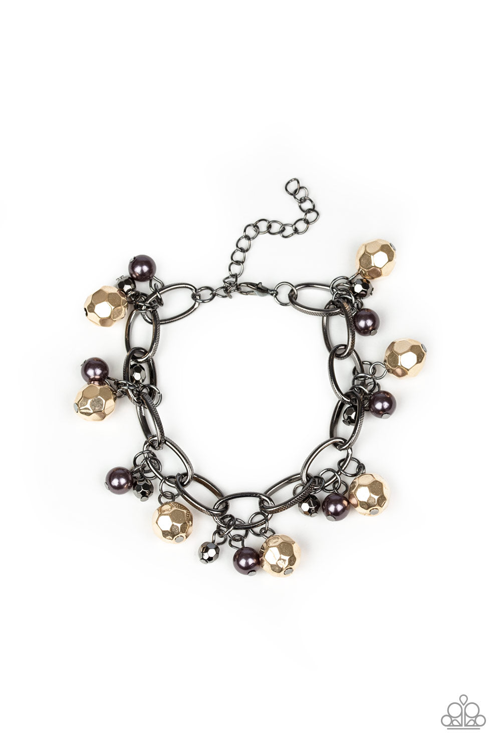 Varying in size, a collection of faceted gold and pearly gunmetal beads swings from a bold gunmetal chain, creating a whimsical metallic fringe around the wrist. Features an adjustable clasp closure.
Sold as one individual bracelet.