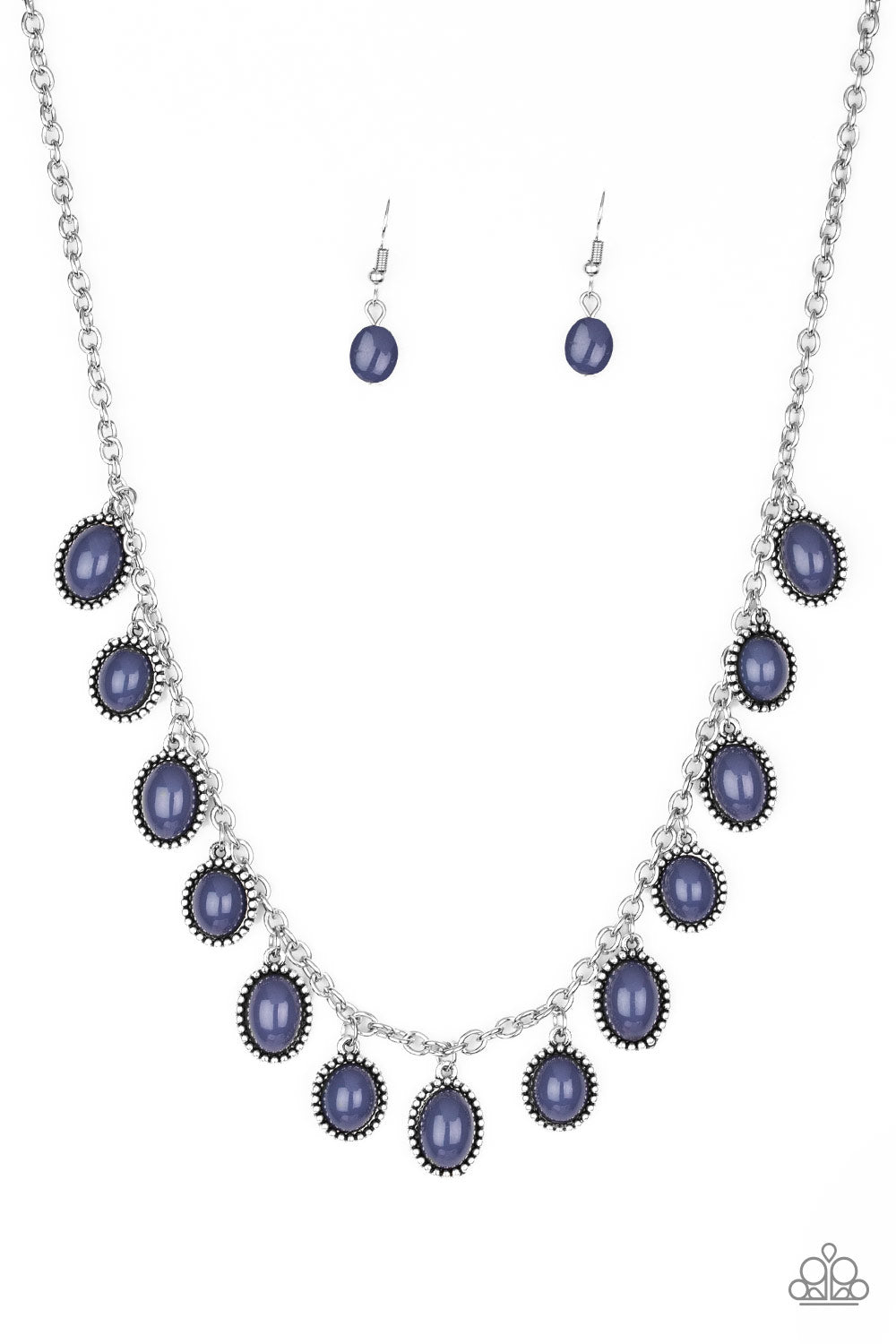 Infused with studded silver frames, round and oval Sargasso Sea beads swing from a shimmery silver chain, creating a refreshing fringe below the collar. Features an adjustable clasp closure. Sold as one individual necklace. Includes one pair of matching earrings.
