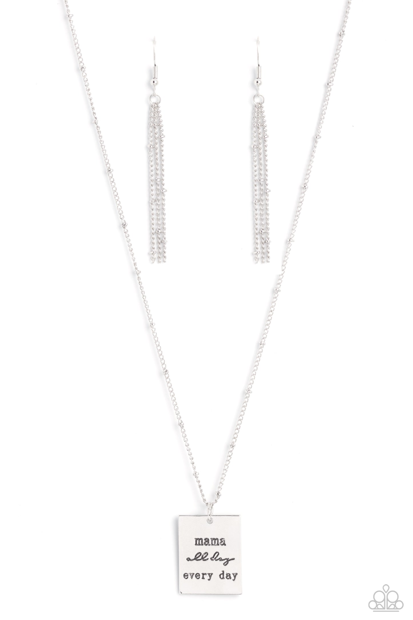 Infused with dainty silver studs on a dainty silver chain, a silver rectangular plate is stamped with the phrase "mama all day every day," for a monochromatic, minimalistic tribute. Features an adjustable clasp closure. Sold as one individual necklace. Includes one pair of matching earrings.