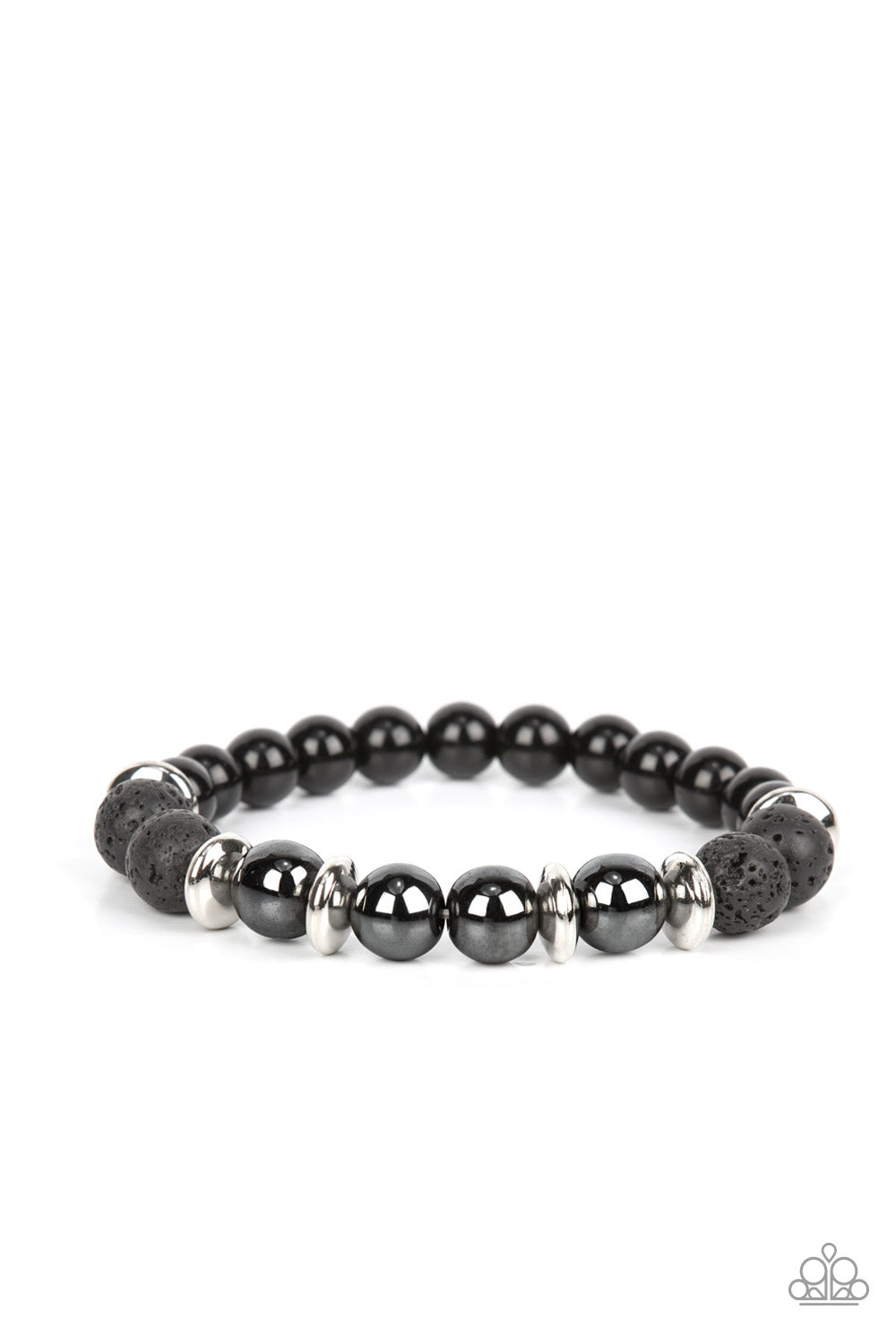 Infused with a section of polished black beads, a stellar assortment of gunmetal beads, silver accents, and black lava rock beads are threaded along stretchy bands around the wrist for an urban flair. Sold as one individual bracelet.