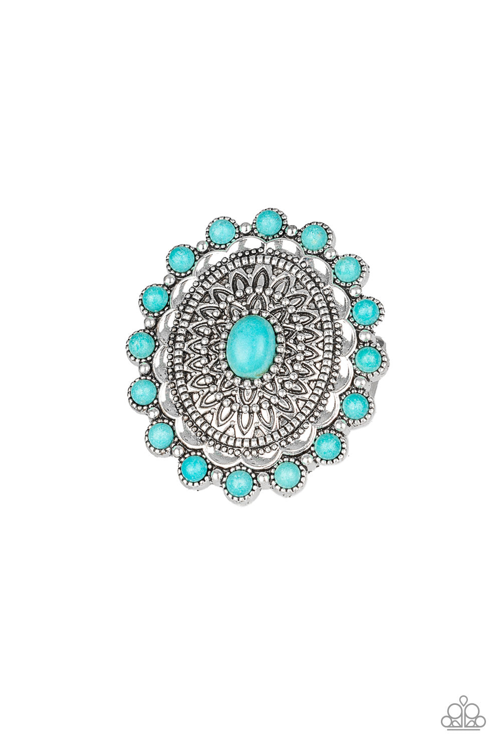 Embossed in dizzying floral details, a shimmery silver frame is dotted with refreshing turquoise stone accents for a seasonal look. Features a stretchy band for a flexible fit. Sold as one individual ring.