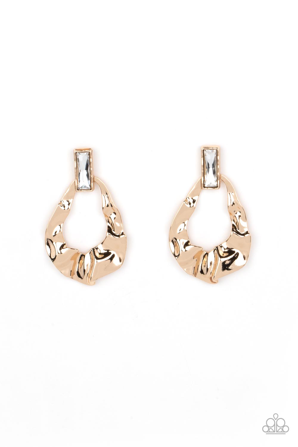 Folds of warped gold delicately gather into an edgy teardrop at the bottom of an emerald cut white rhinestone. Earring attaches to a standard post fitting. Sold as one pair of post earrings.