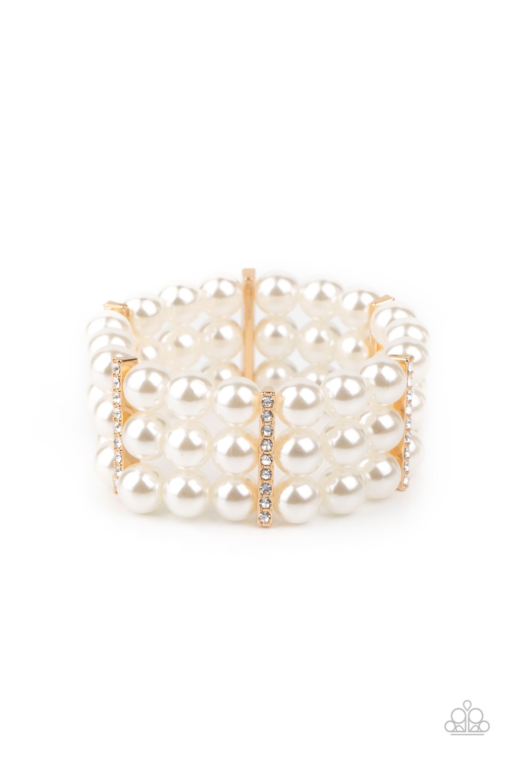 Held together by white rhinestone dotted gold fittings, row after row of bubbly white pearls are threaded along stretchy bands around the wrist for a timeless elegance. Sold as one individual bracelet.