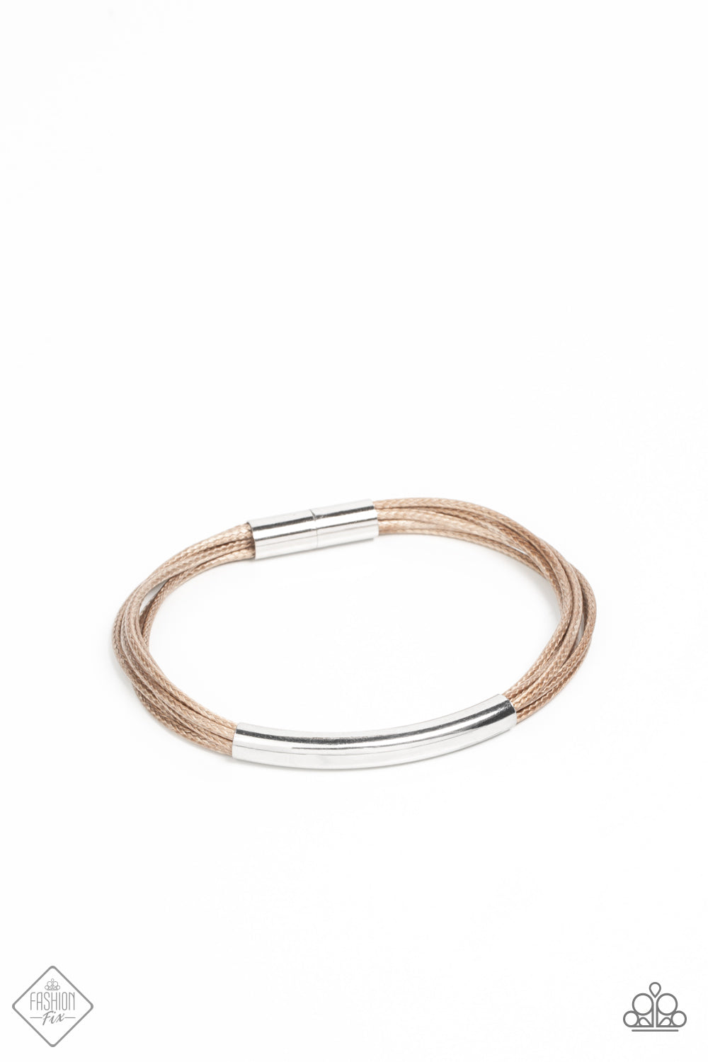A contemporary curved silver cylinder slides along smooth strands of natural brown cording as they wrap around the wrist. The cording is capped in sleek silver fittings for a modern polished finish. Features a magnetic closure. Sold as one individual bracelet.
