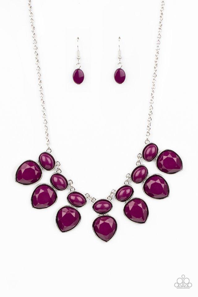Featuring sleek silver fittings, rows of faceted Magenta Purple teardrop beads attach to the bottoms of polished Magenta Purple oval beads, creating a dangerously bold fringe below the collar. Features an adjustable clasp closure. Sold as one individual necklace. Includes one pair of matching earrings.