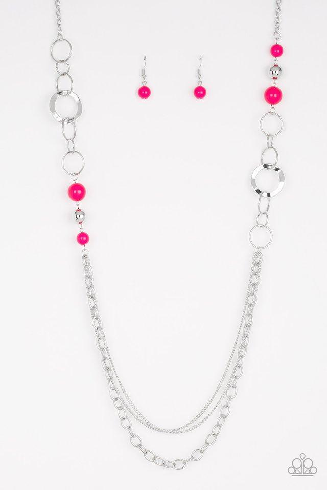 Vivacious pink beads, shiny silver beads, and glistening silver hoops give way to mismatched silver chains for a whimsical look. Features an adjustable clasp closure.
Sold as one individual necklace. Includes one pair of matching earrings.